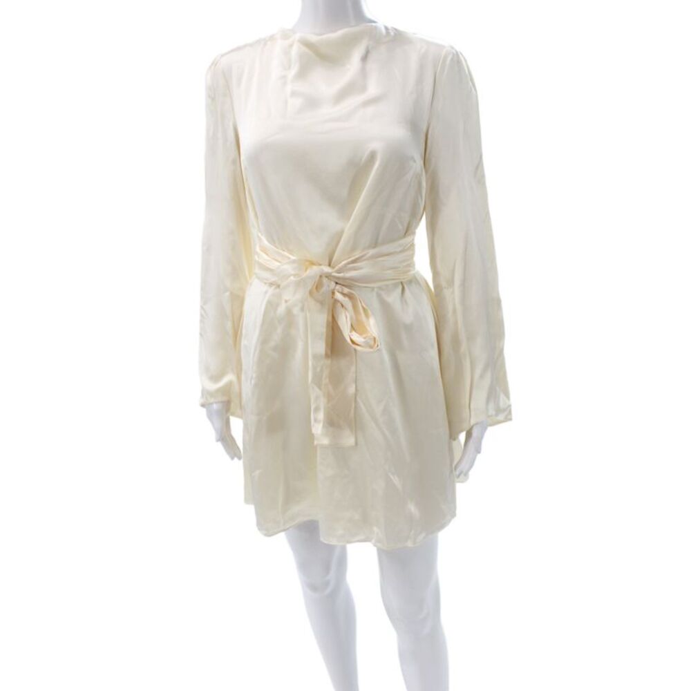Reformation Women Ivory Silk Cowl Neck Shift Dress Long Sleeve Button Size 4